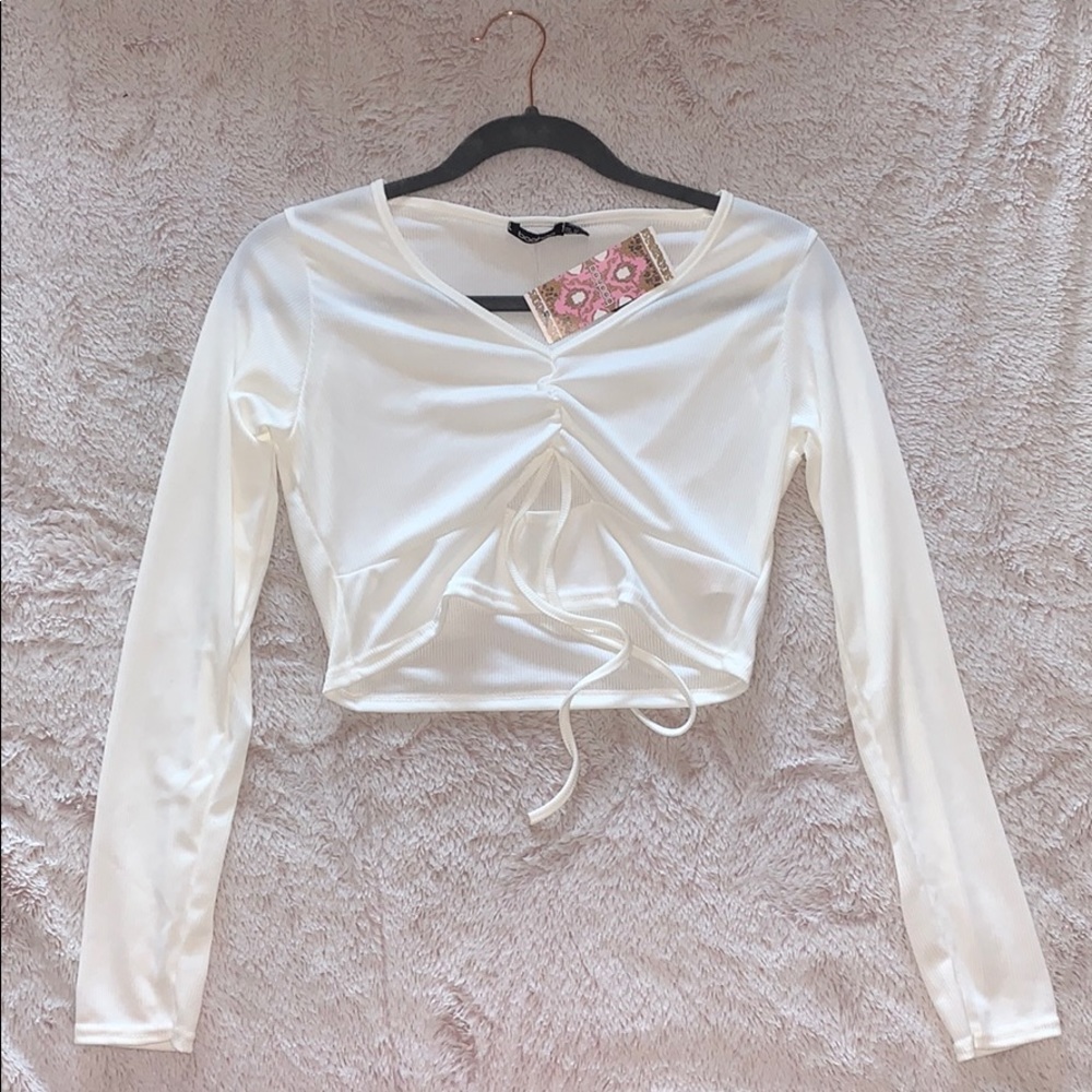 Drawstring Rutched Long Sleeve Rib Crop Top WHITE - Picture 1 of 2